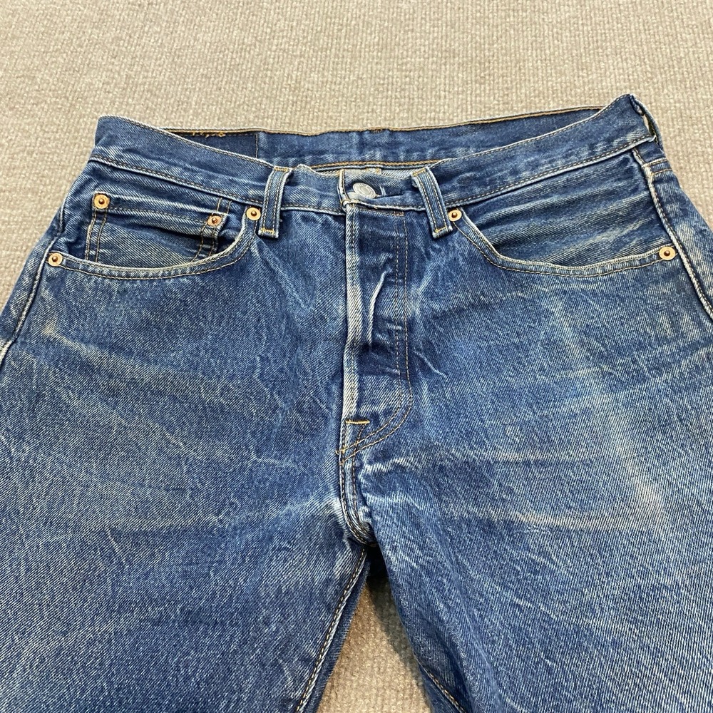 Levis Jeans Mens 32 Fits 31x32 Faded Blue 501 Straight Distressed Denim